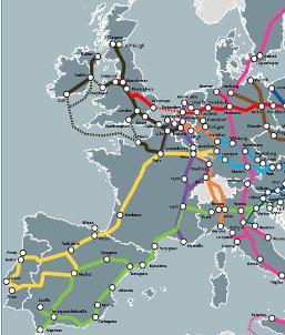 La Red Transeuropea de Transportes. En amarillo el Corredor Atlántico.